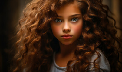 Portrait of a young girl with deep blue eyes and voluminous curly hair, emanating innocence and beauty in a mystical, soft-focus ambiance