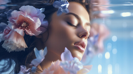 A beautiful woman standing on a viola flower, cosmetics background. Shampoo advertisement, body wash advertisement photo. cosmetics photo, beauty industry advertising photo.