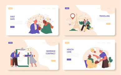 Old Age Marriage web or landing set. Elderly couple's first date, travel adventures, signing a marriage contract, and healthcare moments. Lifetime partnership journey. Flat vector illustration