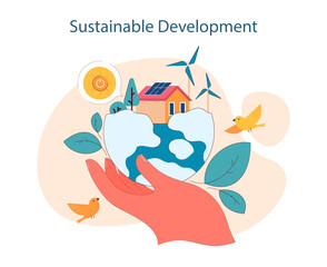 Fototapeta na wymiar Sustainable Development. Nurturing the planet with renewable energy and protecting natural habitats. Embracing a future where progress and nature coexist. Flat vector illustration