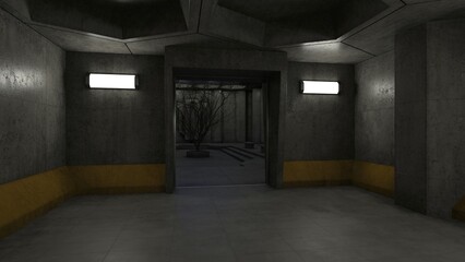 A concrete corridor with a gate leading into a dark hall. Gloomy interior in brutalist style. Photorealistic 3D illustration.