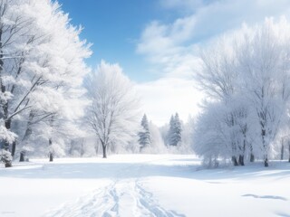 A photo of a winter morning, a snowy forest.