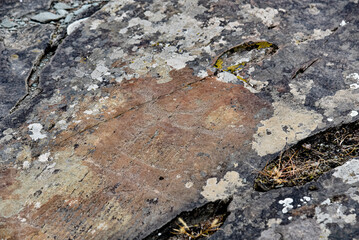 Rock paintings in the Kalbak Tash tract. Petroglyphs dating from 1000 to 5000 thousand years BC. Altai Republic.