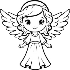 Cute angel emoji vector, black and white coloring page