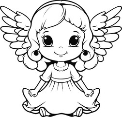 Cute angel emoji vector, black and white coloring page