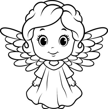 Cute angel emoji vector, black and white coloring page