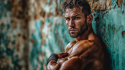 Fototapeta na wymiar Athletic male bodybuilder positioned before a vibrantly hued ancient wall, staring into the camera, embodying style and firmness