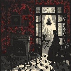  lone figure is depicted in a room filled with ornate furnishings and intricate wallpaper, looking out towards a bright window, suggesting a contemplative moment of solitude.