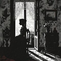 This artwork presents a woman in silhouette, lost in thought as she gazes out of an open doorway. 