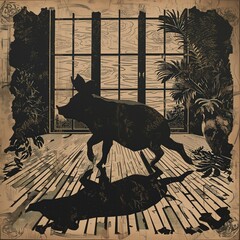 This artwork captures the silhouette of a pig amidst a tropical setting, with Baroque elements creating a striking contrast between nature and cultivated artistry