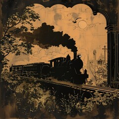 This artwork depicts a vintage train emerging from a tunnel into a lush landscape, rendered in silhouette style with Baroque and Constructivist elements.