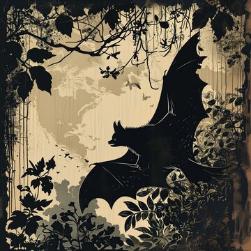 This image showcases a bat in mid-flight, encapsulated within a silhouette style that melds the detailed flourishes of Baroque with the definitive lines of Constructivist art.