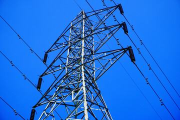 Steel electricity Pylon and High Voltage Power line Electricity transmission photo with blue sky...