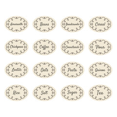 Pulses and legumes or cereals food vector label set. Cereal, beans, flour and coffee jar labels.