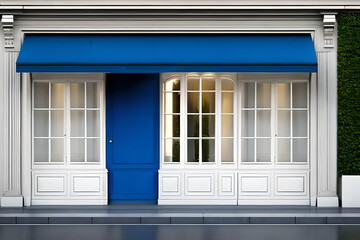 Fototapeta premium vintage boutique storefront template , white and bluecommercial facade layout