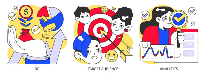 Advertising analysis set. Maximizing ROI, targeting the right audience, and measuring ad performance. Keys to successful marketing depicted. Flat vector illustration.