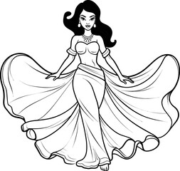 Beautiful dancing girl emoji vector image, black and white coloring page