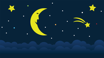 Fototapeta premium Sleepy Crescent and Stars in Space Above the Clouds. Night time and sleeping concept vector