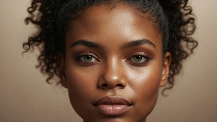 A serene young Black woman with coiled curls and soft makeup, exhibiting a calm demeanor and natural beauty in a neutral-toned setting.