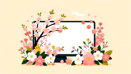 The image depicts a modern computer setup with a display showing a blooming landscape