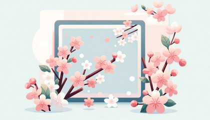 The image features a stylized and artistic representation of a laptop with cherry blossom branches emerging from the screen, set against a pastel-colored background.