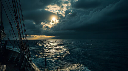 A photo of the dark sea at night, with ominous clouds as the background, during a moonlit evening - Powered by Adobe