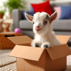 Cute baby goat sitting inside a cardboard box looking up in the living room

