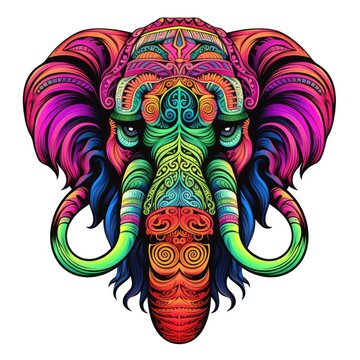 Mammoth  in bright colourful psychedelic pop art style on white background.