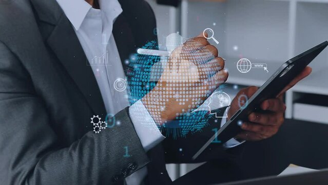 Businessman show CRM Customer Relationship Management for business sales marketing system concept presented in futuristic graphic interface of service application to support CRM database analysis.