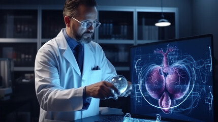 Cardiologist doctor examine patient heart functions and blood vessel on virtual interface. Medical technology and healthcare treatment to diagnose heart disorder and disease of cardiovascular system.