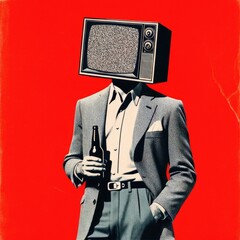 Striking art collage of a man with a retro TV head holding a bottle, set against a vibrant red background, evoking media commentary. - obrazy, fototapety, plakaty
