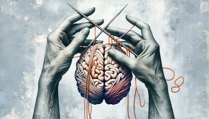 Conceptual art of hands knitting yarn into a detailed human brain, symbolizing the crafting of thoughts and mental complexity.