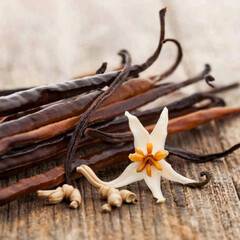Dried vanilla sticks and vanilla orchid on wooden table. Close-up.