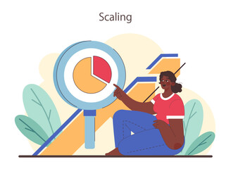 Scaling concept. Woman analyzes pie chart growth, business performance metrics. Data visualization, evaluation, business progress. Flat vector illustration.