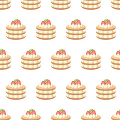 Seamless pastry pattern with cake with whipped cream and raspberries. Vector illustration. Backery patten, sweets, sweet shop