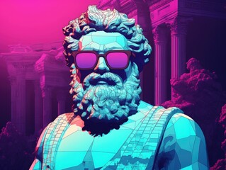Pixel art 8-bit art style 3D of portrait ancient Greek statue in modern style wearing sunglasses