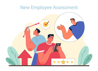 New Employee Assessment concept. Evaluating progress with positive feedback and achievement metrics. Career advancement focus. Flat vector illustration.