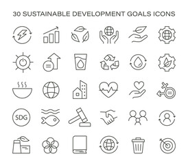 Sustainable development goals icon set. Global objectives visual guide. Ecology, energy, equality, and education focus. Comprehensive icons for awareness and education. Flat vector illustration.
