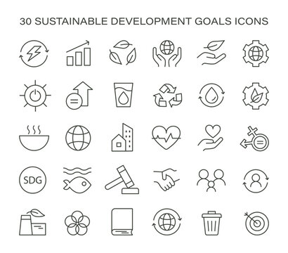Sustainable development goals icon set. Global objectives visual guide. Ecology, energy, equality, and education focus. Comprehensive icons for awareness and education. Flat vector illustration.