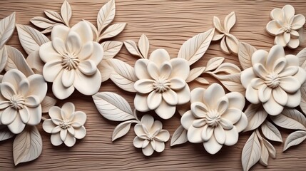 A beatiful wooden floral wall design in beige color,  space for text .2 - Generative AI
