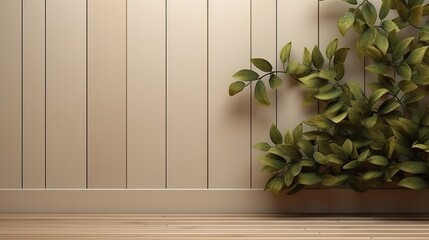 A beatiful wooden plant wall design in beige color, space for text  - Generative AI