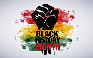 Black History Month poster with a text title. RIsing fist as a symbol of power. African-American people's equality rights are celebrated. Watercolor style illustration. 
