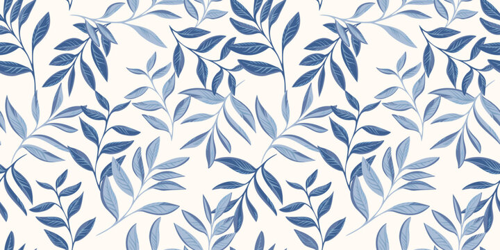 Vector hand drawn blue leaves stem intertwined in a seamless pattern. Abstract, creative, tropical shape leaf branches print. Template for design, textile, fashion, surface design, fabric, wallpaper