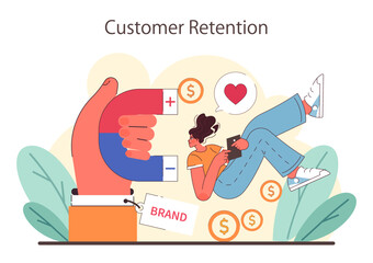 Customer Retention concept. A magnet in brand colors attracts a content customer amidst symbols of health, love, and finance. Brand loyalty visualized. Flat vector illustration.