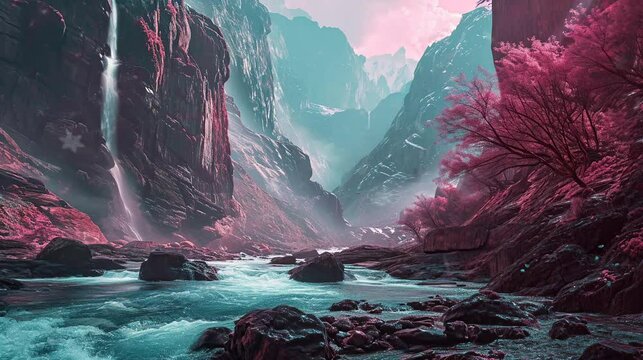 waterfall and mountains. seamless looping time-lapse virtual video Animation Background.