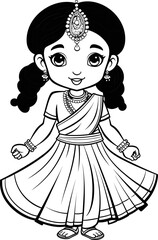 Beatiful Indian girl vector image, coloring page 