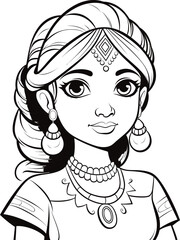 Beatiful Indian girl vector image, coloring page 