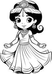 Beatiful Indian girl vector image, coloring page 