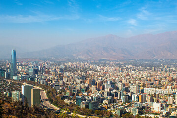 city skyline Chile, view of the santiago buildings and the mapocho river