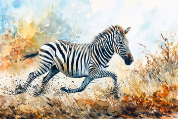 Fototapeta na wymiar Portrait of a zebra running through the fields watercolor